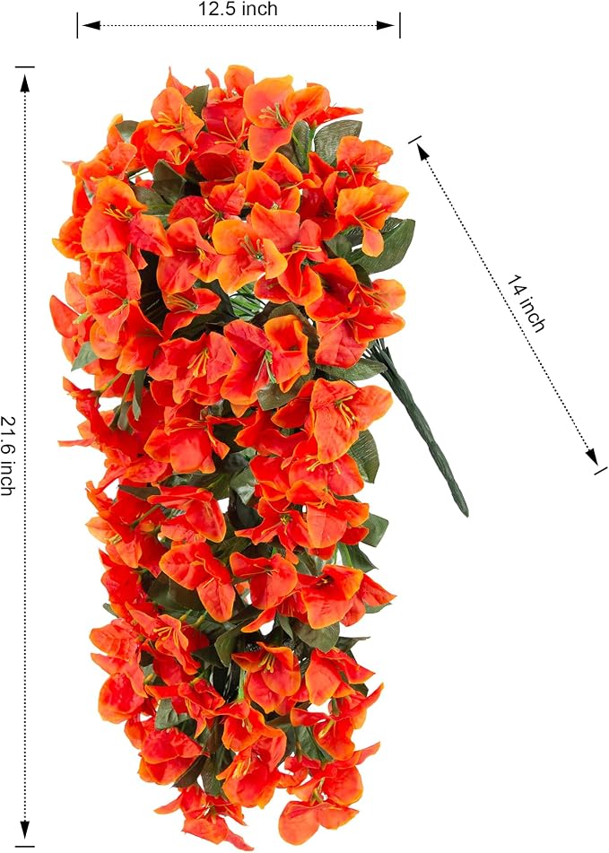 Artificial Bougainvillea Faux Flowers Plants for Outdoors Outside Fall Autumn Decor, 2 PCS Silk Trailing Vines UV Resistant Realistic Orange Fake Flowers for Planter Front Door Porch Patio Balcony