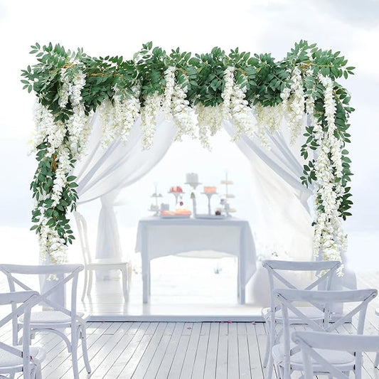 1pc/2pcs Encrypted Flower Vine Wisteria Artificial Flowers Garland,White Wisteria Hanging Flowers Flower Garland Decorations for Home Garden Outdoor Ceremony Wedding Arch Decoration (White, 2pcs)