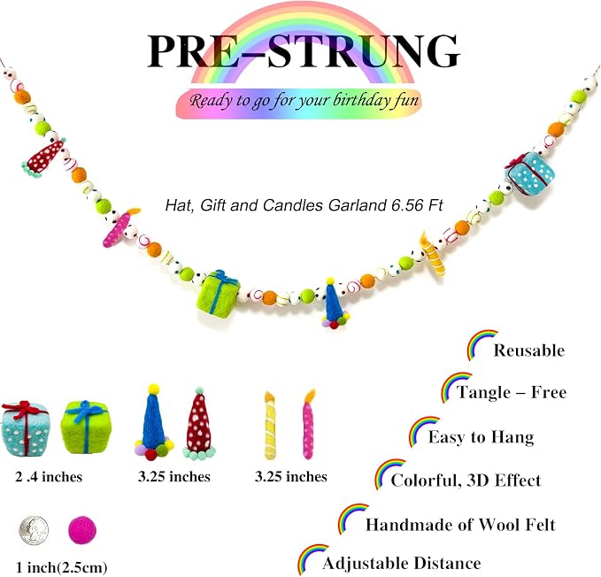 Pre-Strung Happy Birthday Banner, Colorful Felt Ball Garland, Felt Party Hats, Birthday Candles, Cute Gifts, Personalized Banner Sign for Holiday Decor Birthday Party Decoration