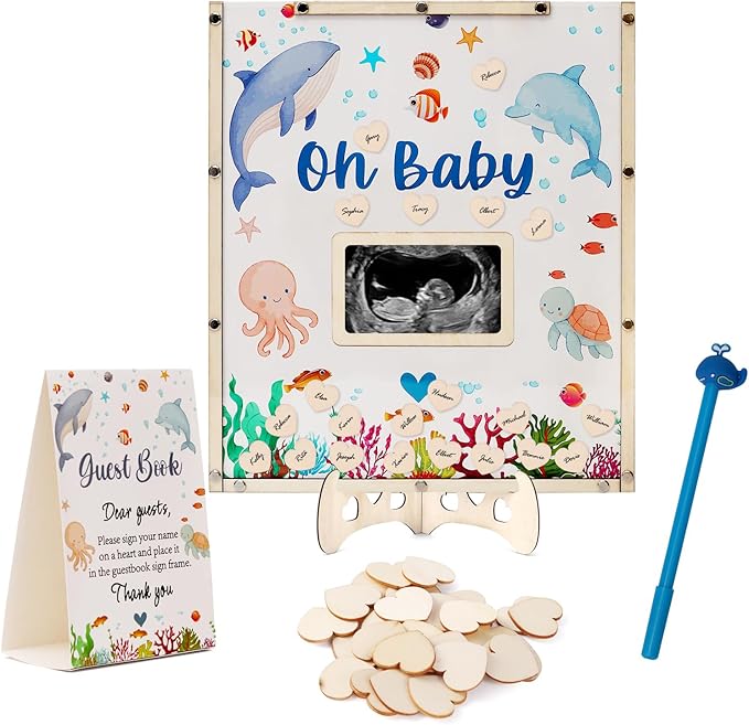 Under The Sea Baby Shower Decorations,Ocean Animals Baby Shower Guest Book Alternatives with Whale Pen,60 Heart Wood Slices for 60 Guests,Oneder The Sea Birthday Party Decorations Girl