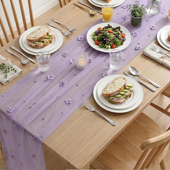 Artoid Mode Purple Flower Pearl Purple Gauze Table Runner 10FT, Seasonal Sheer Dining Holiday Wedding Birthday Baby Shower Table Decor for Home Party