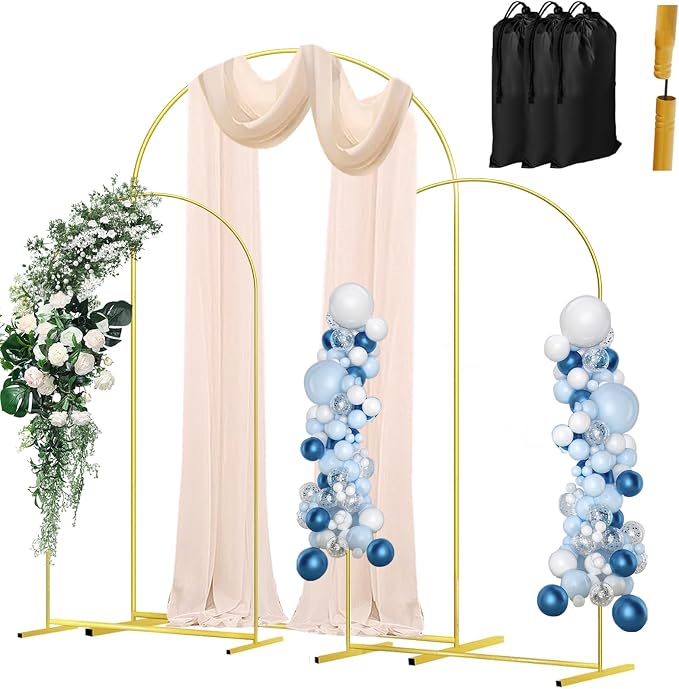 3 Pack Wedding Arch Backdrop Stand, Gold Metal Balloon Arch Stand Set of 3 (7.2FT, 6.6FT, 6FT), Upgraded Pre-Attached Parts Design Arched Frame Decoration for Wedding, Birthday, Baby Shower, Party