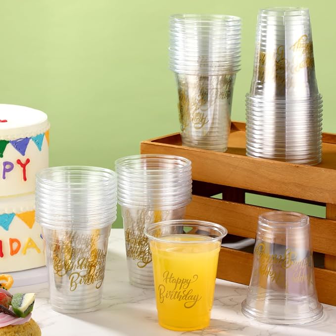 FoldTier 50 Pcs Happy Birthday Cups 12 oz Plastic Birthday Party Glasses Clear Disposable Drinking Cups for Home Kitchen Theme Party Favors Supplies Decoration