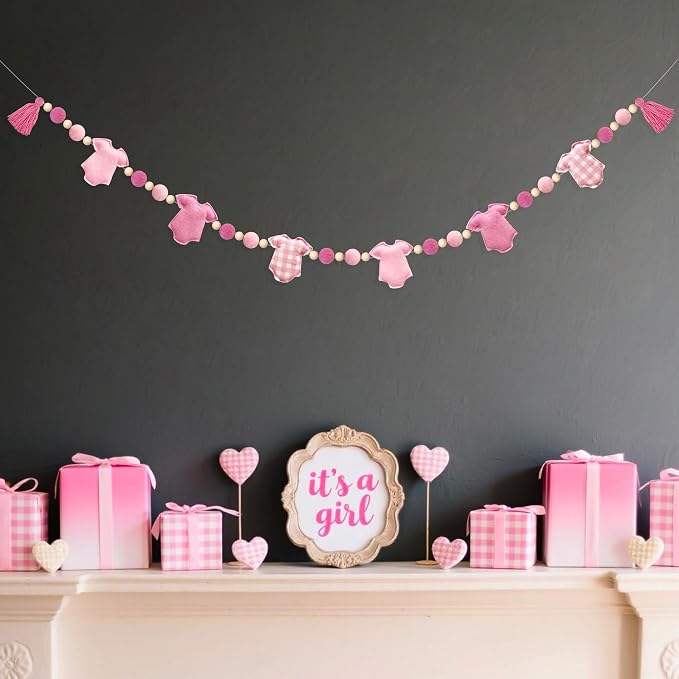 Pink Plaid Baby Clothes Decorations Pre-Strung Handmade Felt Baby Clothes Wool Felt Ball Wooden Bead Banner Garland for It's a Girl Sweet Baby Girl Baby Shower Party Nursery Home Fireplace Wall Decor