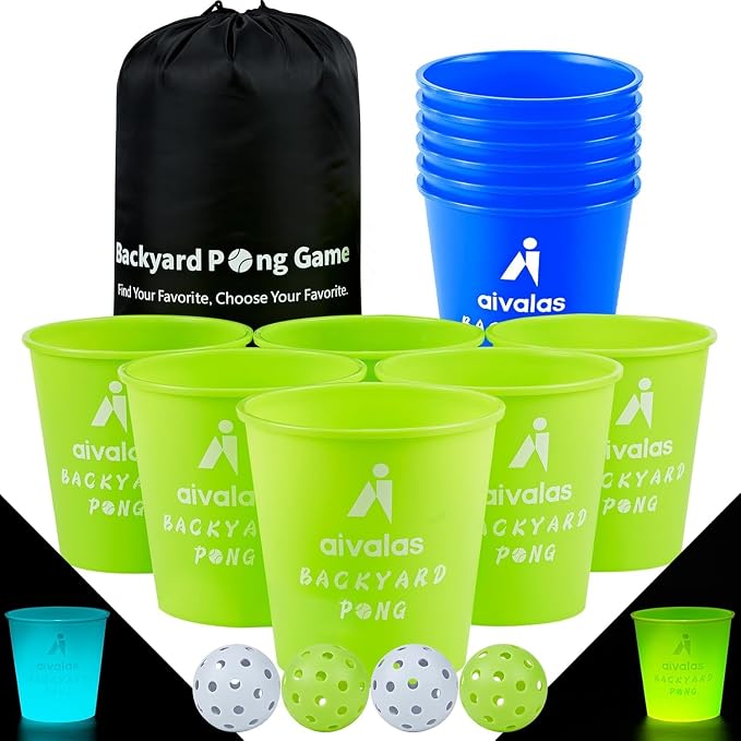 Aivalas Yard Pong Outdoor Games Glow Set in Dark, Giant Yard Pong Game for Adults and Family with 12 Buckets, 4 Balls and a Carrying Bag, Giant Pong for Beach, Camping, Lawn and Backyard