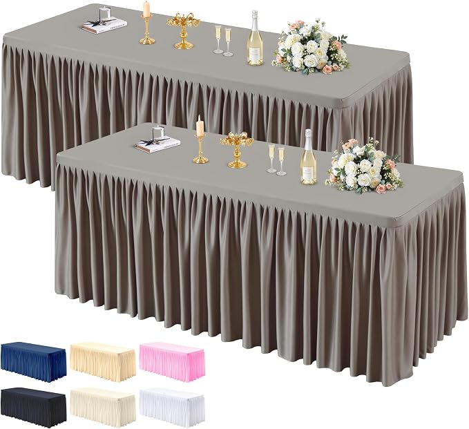 PARTISKY 2 Pack Natural Tablecloths for Rectangle Tables 8ft, Wrinkle Resistant Spandex Table Cover Fitted Stretch Table Cloth with Pleated Ruffle Skirts for Party Banquet Dining Birthday Wedding