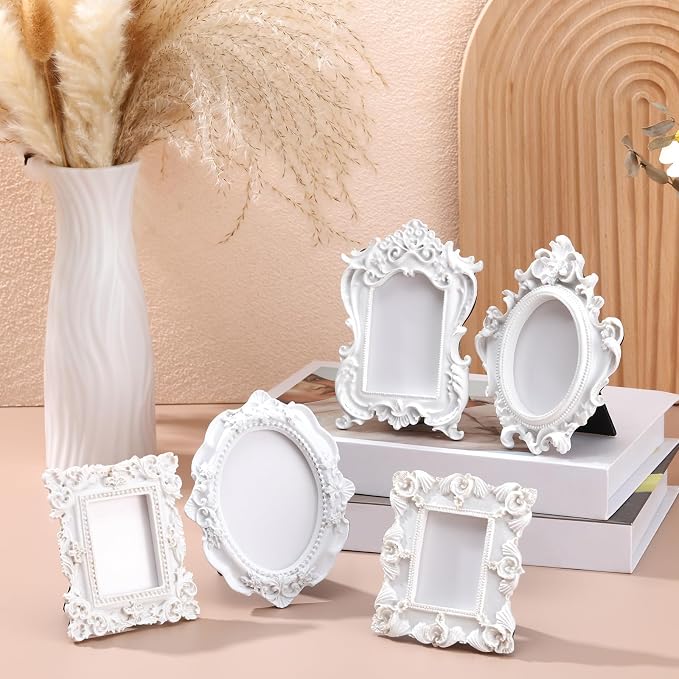 Maitys 5 Pcs Mini Picture Vintage Frames with Stands Tiny Antique Photo Baroque Ornate Resin Oval Frame Table Top Display Home Wedding Decor (White)