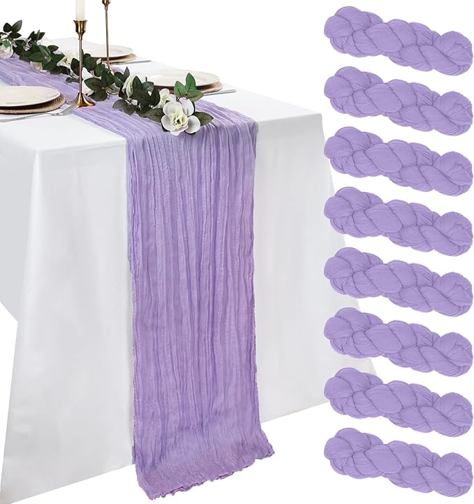 8 Pack Lilac Purple Cheesecloth Table Runner 10ft Boho Gauze Fabric 120 Inch Cheese Cloth Table Runner Rustic Sheer for Spring Holiday Baby Shower Party Décor Home Wedding Decoration