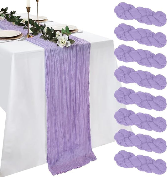 8 Pack Lilac Purple Cheesecloth Table Runner 10ft Boho Gauze Fabric 120 Inch Cheese Cloth Table Runner Rustic Sheer for Spring Holiday Baby Shower Party Décor Home Wedding Decoration