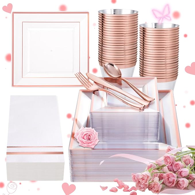 Festiva 350Pcs Rose Gold Plastic Plates - Clear Rose Gold Disposable Dinnerware Sets for 50Guests include 100 Plates 50 Cups 50Plastic Cutlery 50Napkins for Party&Wedding& Bridal Shower