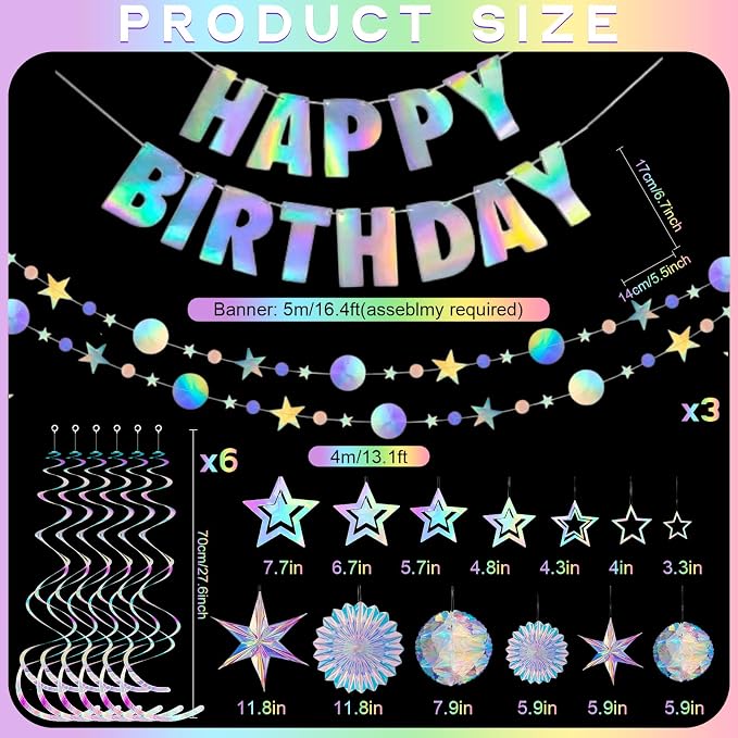 Knitgrip 23 Pcs Iridescent Birthday Party Decorations Disco Sparkly Decorations Holographic Party with Mermaid Happy Birthday Banner Hanging Honeycomb Ball Paper Fan Snowflake Star