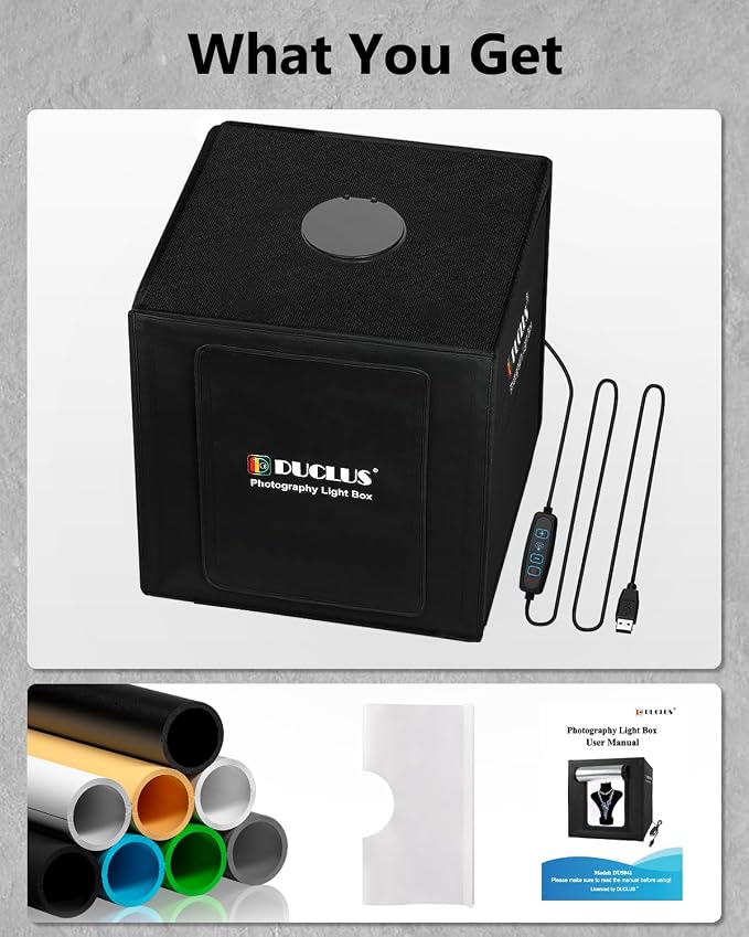 DUCLUS Light Box Photography, 16x16 Inch Photo Light Box with 160 Dimmable LED Lights (CRI 97+), 6 PVC & 2 Paper Backdrops, Portable Studio Box for Product Photography: Jewelry, Food, Shoes