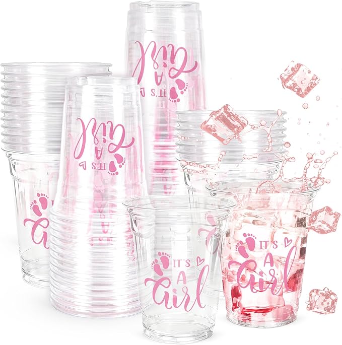 Whaline 50 Pcs Gender Reveal Girl Plastic Cups 16oz Baby Shower Clear Drinking Cups Pink It's A Girl Disposable Cup for Birthday Party Table Decoration Supplies