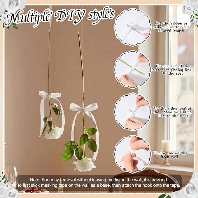 Sliner 25 Pcs Artificial Rose Flowers Hanging Decorations, Dangling Flowers Garland with Hooks Spring Party Decorations Hanging Flower Ceiling Decoration for Wedding Party Spring Home Birthday(White)