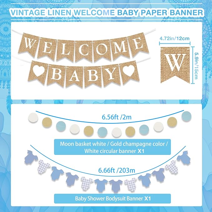 Baby Shower Decorations Kit, Welcome Baby Banner with Dusty Blue Paper Lanterns, Tissue Pom Poms, Honeycomb Balls, Clothes Banner Garland for Boho Baby Boy Shower Party Decorations