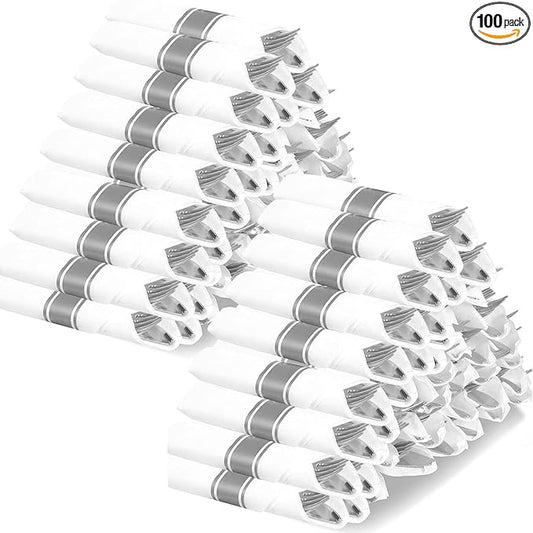 Silver Plastic Silverware with Napkins - 100 Pack Premium Disposable Silver Plastic Cutlery Set, Pre Wrapped Plastic Utensils with 100 Forks, 100 Knives, 100 Spoons, 100 Napkins for Wedding Party