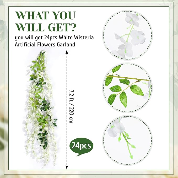 Suncalla 24 Pcs Wisteria Hanging Flowers Vines Fake Hanging Flowers Garland Artificial Wisteria Vines for Wedding Arch Party Home and Garden Decor Table Backdrop (White)
