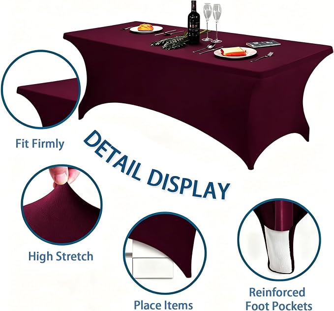 6FT Burgundy Table Cloth - 2 Pack Fitted Stretch Rectangle Spandex Tablecloth, Washable Table Cover for Party, Picnic, Wedding, Banquet, Birthday and Festival(30" x 72")