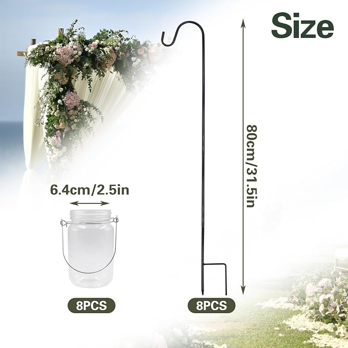 8 Sets Wedding Aisle Decoration Including 8 Pcs 15 oz Plastic Mason Jars with Handle and 8 Pcs 32'' High Shepherds Hooks for Outdoor Wedding Ceremony Decoration (Flowers Not Included)