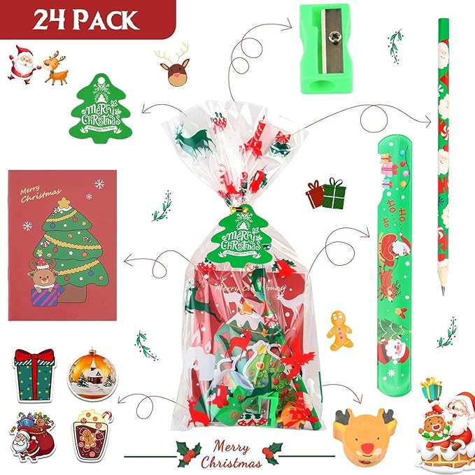 ANPHILE Christmas School Party Favors, 24 Pack Christmas Stationery Goodie Bags Xmas Bulk Classroom Gifts for Students Kids Holiday Gifts