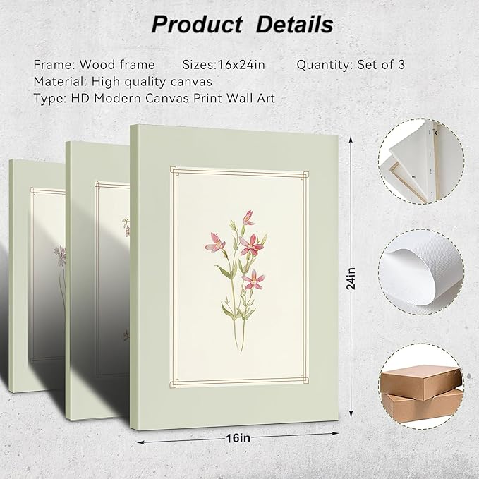3pcs Framed Simple Vintage Floral Botanical Flower Wall Art Decor Canvas Print Natural Plant Artwork Wall Painting Poster Gallery Bedroom Living Room Office Decor 16x24 Inch Ready to Hang