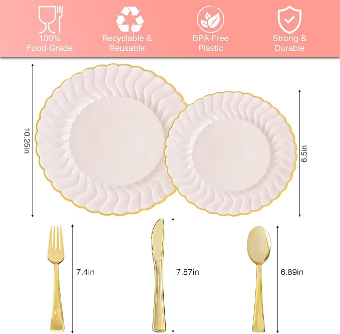 Pink Disposable Plastic Plates 125pcs Scalloped Gold Rim for 25 Guests | Includes 25 Dinner and Dessert Plates 75 Gold Cutlery Elegant Tableware for Wedding Birthday Baby Shower Valentine Parties