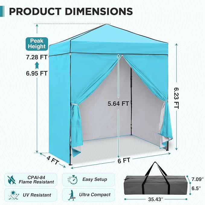 EAGLE PEAK 6x4 Instant Pop Up Canopy Tent with 4 Side Wall Panels, Straight Leg Sun Shelter, Portable Canopy with Carry Bag for Camping, Beach & Sports, Light Blue