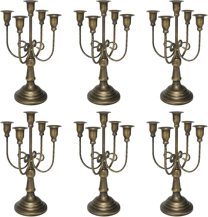 5 Arm Bronze Candelabra Candle Holder Set of 6, 11.7" Vintage Metal Candlestick Holders for Taper Candles Elegant Wedding Centerpiece Table Decor for Dining Room Fireplace Mantel Party Holiday Decor