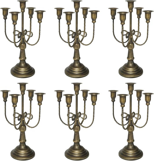 5 Arm Bronze Candelabra Candle Holder Set of 6, 11.7" Vintage Metal Candlestick Holders for Taper Candles Elegant Wedding Centerpiece Table Decor for Dining Room Fireplace Mantel Party Holiday Decor