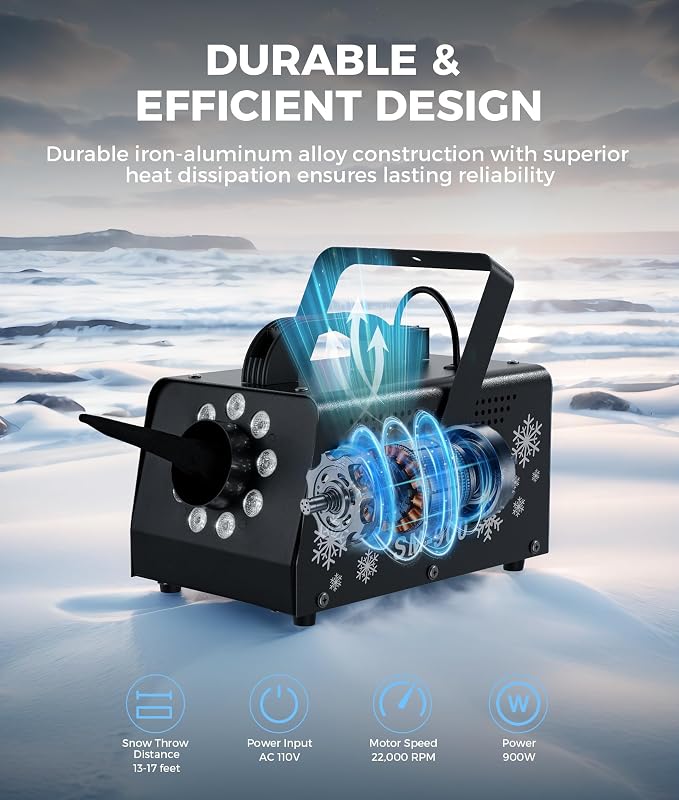 IMONE 900W High Output Snow Machine with 9 LED Lights & Remote – Indoor/Outdoor Artificial Snow Maker for Christmas, Parties, Parades – Heavy Duty Snowflake Machine