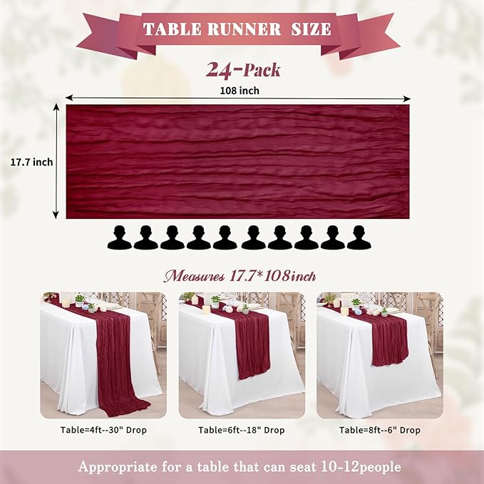 Pesonlook 24 Pack Cheesecloth Table Runner,Burgundy Table Runner Long Romantic Semi Sheer Rustic Boho Gauze Table Runners for Wedding Bridal Shower Birthday Party Decorations(17.7×108 Inch)