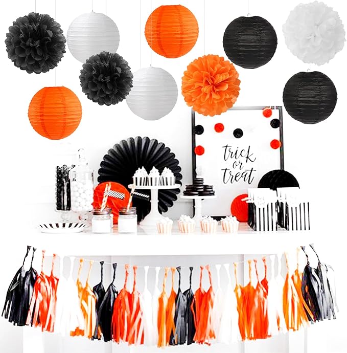 Orange-Black White Party-Decorations Paper-Flowers Lanterns - 15PCS Halloween Tissue Pom Poms Streamers,Vintage Baby Bridal Shower Birthday Bachelorette Wedding Hanging Supplies Decor Hugfond
