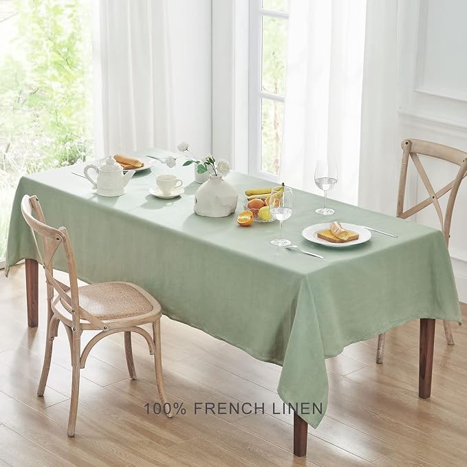 TOSMO 100% French Linen Tablecloth, Washable Farmhouse Rectangle Table Cloth for Kitchen, Dining, Party, Cocktail, Indoor and Outdoor Daily Use(60''x144'',Sage Green)