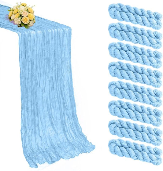 8 Pack Baby Blue Cheesecloth Table Runner 21x120 Inch Gauze Table Runners Reusable Polyester 10ft Boho Rustic Cheese Cloth Table Runner for Wedding Party Baby Shower