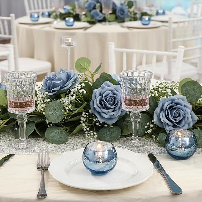 36 Pcs Blue Votive Candle Holders - Mercury Glass Tealight Holders for Dusty Blue Wedding Decor, Centerpiece Table Decorations