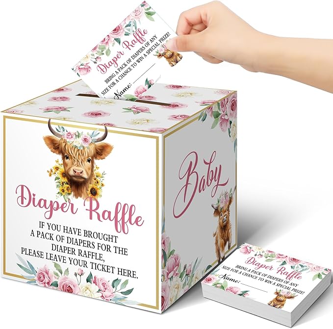 Teling 51 Pieces Diaper Raffle Tickets with Card Box Baby Shower Decorations Baby Shower Holder Box for Girl Boy Diaper Raffle Party(Highland Cow)