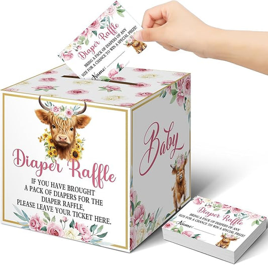 Teling 51 Pieces Diaper Raffle Tickets with Card Box Baby Shower Decorations Baby Shower Holder Box for Girl Boy Diaper Raffle Party(Highland Cow)
