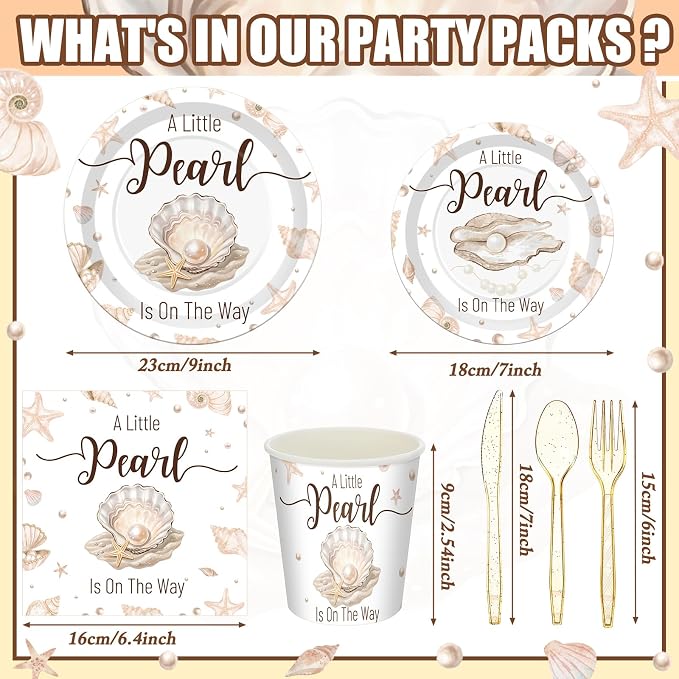 168 Pcs A Little Pearl Is on The Way Baby Shower Decorations Under The Sea Baby Shower Decorations Shell Mermaid Ocean Theme Party Decor Gender Reveal Disposable Tableware Set Serve 24