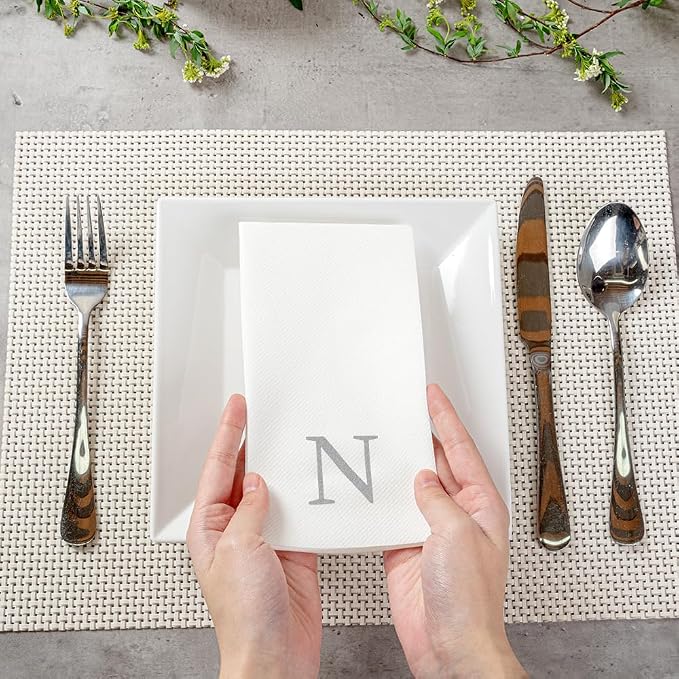 Luxenap 15.8 X 7.9 Inch Linen-Feel Guest Towels, 50 Lettered Hand Towels - Silver Letter 'N', Sans Serif Font, White Paper Dinner Napkins, airlaid, For Restrooms And Tables - Restaurantware
