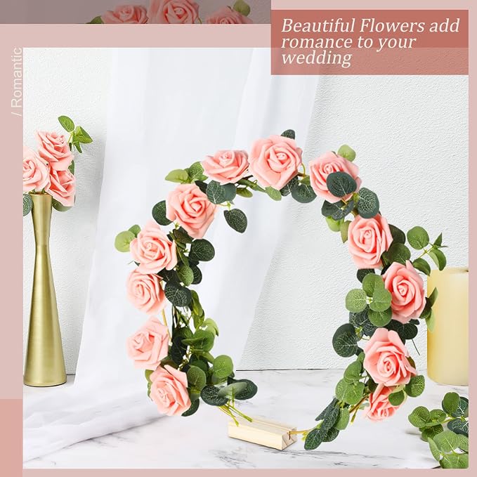 15 Pcs Metal Floral Centerpiece Table Decorations Hoop Centerpiece with Stand Gold Centerpieces for Table 15 Wooden Holders 30 Artificial Flowers 30 Leaves for Wedding DIY Craft Decor (12 Inch,Pink)