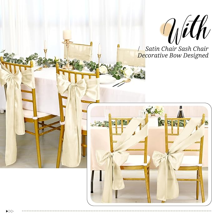 Pesonlook 120 PCS Ivory Satin Chair Sashes Bows Satin Chair Sashes Universal Chair Cover for Wedding Reception Restaurant Event Decoration Banquet,Party,Hotel Event Decorations (7 x 108 inch)