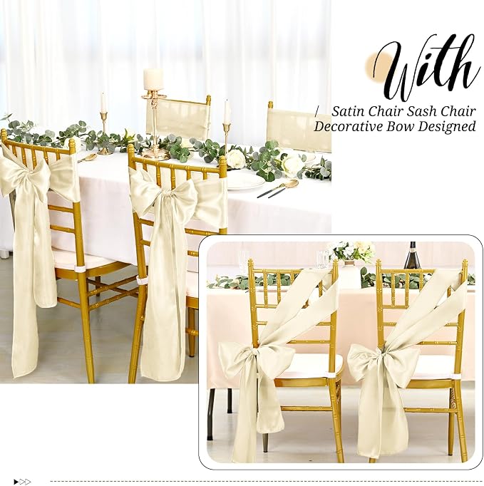 Pesonlook 60 PCS Ivory Satin Chair Sashes Bows Satin Chair Sashes Universal Chair Cover for Wedding Reception Restaurant Event Decoration Banquet,Party,Hotel Event Decorations (7 x 108 inch)