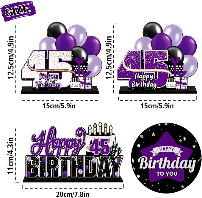 LINGTEER Happy 45th Birthday Purple Acrylic Table Topper Centerpieces Set - Cheers to 45 Years Old Birthday 45th Bday Party Gift Decorations.