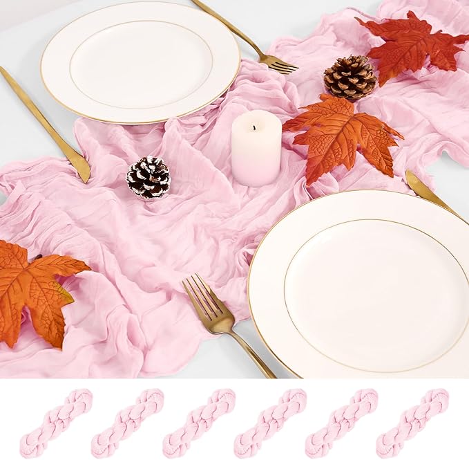6 Pack Cheesecloth Table Runner,Light Pink Table Runner Long Romantic Semi Sheer Rustic Boho Gauze Table Runners for Wedding Bridal Shower Birthday Party Decorations(17.7×108 Inch)