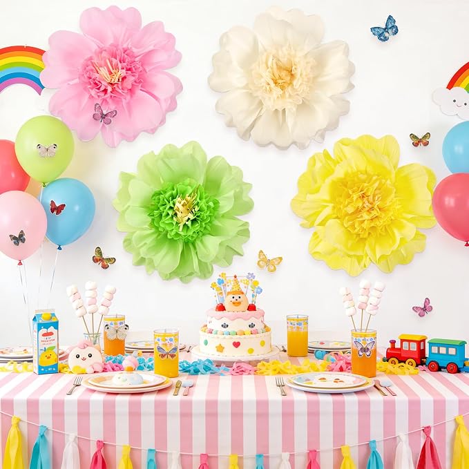 SUNBEAUTY 4 PCS Pastel Paper Flower Decorations 3D Butterflies Stickers Crepe Large Paper Flowers Tissue Paper Flowers for Wall Spring Garden Birthday Baby Shower Tea Easter Party Classroom Wedding
