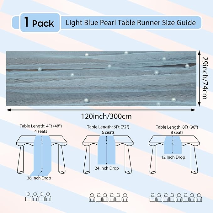 Set of 1 Pearl Table Runner 10ft, 29 * 120 Inch Light Blue Table Cloth Pearl Sheer Tulle Table Cover,Pearl Table Runner for Wedding Party Baby Shower Birthday Home Decor
