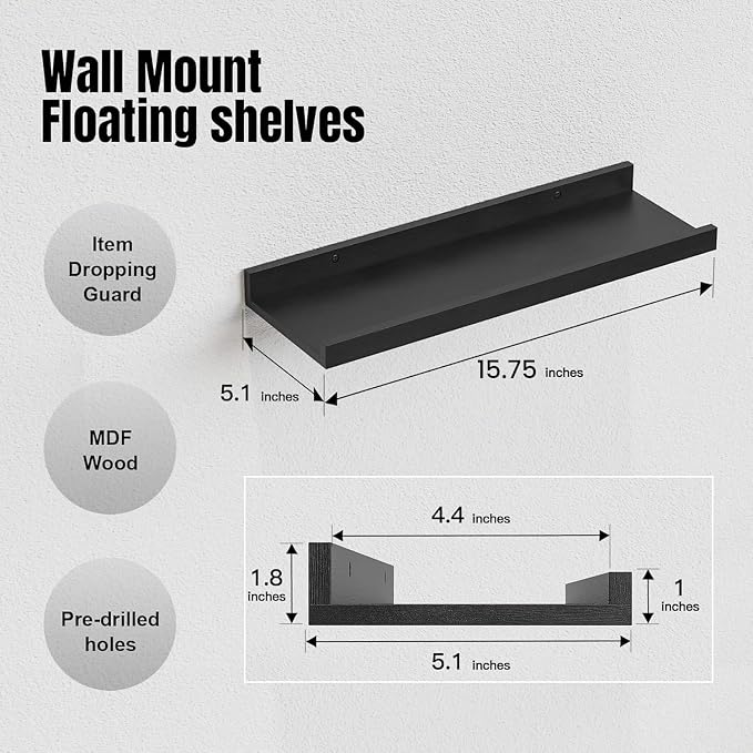 RICHER HOUSE 8 Set Black Floating Wall Mounted Shelves, Nursery Hanging Book Shelves with Lip for Storage, Black Display Picture Ledge Shelf for Bedroom Bathroom Kitchen Living Room Wall Decor