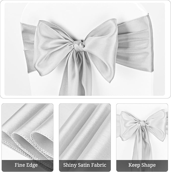 Pesonlook 60 PCS Silver Satin Chair Sashes Bows Satin Chair Sashes Universal Chair Cover for Wedding Reception Restaurant Event Decoration Banquet,Party,Hotel Event Decorations (7 x 108 inch)