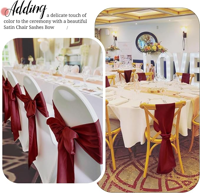 Pesonlook 60 PCS Burgundy Satin Chair Sashes Bows Satin Sashes Universal Chair Cover for Wedding Reception Restaurant Event Decoration Banquet,Party,Hotel Event Decorations (7 x 108 inch)
