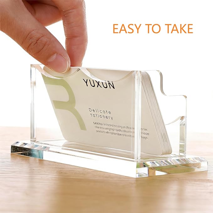 YUXUN Acrylic Business Card Holder for Desk, Business Cards Holder Organizer for women, Clear Business Card Display Stand, 8mm Thicken Acrylic Base, 50+ Business Cards for Office Exhibition Home